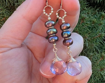 Gold Filled Drop Earrings with Peacock Pearls and Pink Amethyst on Leverbacks