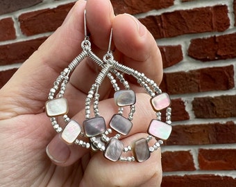 Large Sterling Silver Hoop Earrings with Mother of Pearl