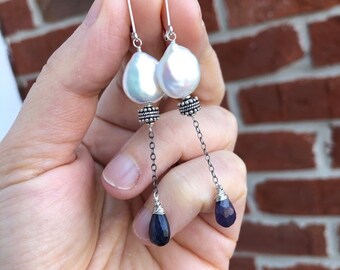 Irridescent Coin Pearls and Sapphire Chain Drop Earrings