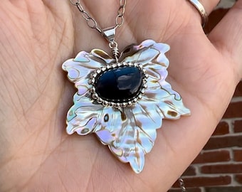 Carved Abalone Leaf with Blue Labradorite Pendant Necklace