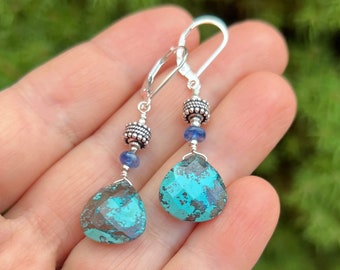 Chrysocolla and Kyanite Earrings in Sterling Silver