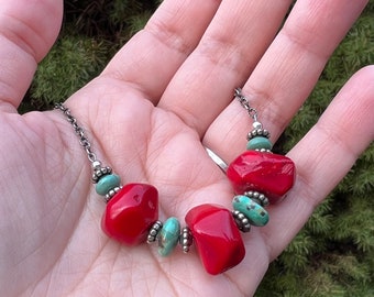 Red Bamboo Coral and Turquoise Necklace in Sterling Silver