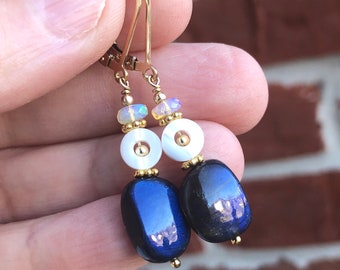 Flashy Blue Labradorite Earrings with Mother of Pearl and Ethiopian Opal in Vermeil and Gold fill