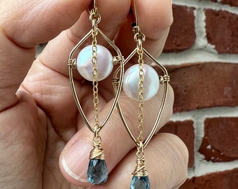 Gold Filled London Blue Topaz Earrings with Coin Pearl