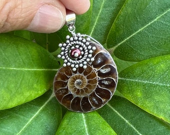 Wire wrapped Ammonite Pendant with Freshwater Pearl in Sterling Silver