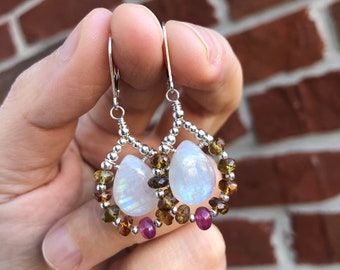 Rainbow Moonstone, Pink Sapphire, Brown Tourmaline Earrings in Sterling Silver