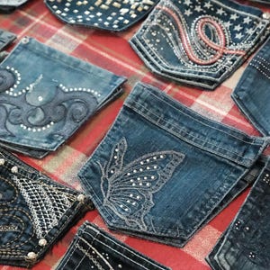 Reclaimed / Recycled  Denim Pockets – Bling Rhinestone Sparkly Blue Jean Embellishments, Sewing Craft Supply (Set of 2)