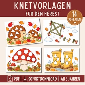 Könnte beinhalten: Ein Set aus 14 ausdruckbaren Vorlagen mit dem Titel KNETVORLAGEN FÜR DEN HERBST. Die Illustrationen zeigen zwei Igel, einen Drachen, einen großen Pilz und gelbe Gummistiefel, die mit leeren geometrischen Formen zum Ausfüllen versehen sind.