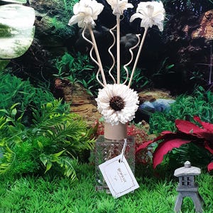 May include: A reed diffuser with white flower decorations in a clear glass bottle. The image includes a tag with text and is set against a backdrop of greenery and a small stone lantern.