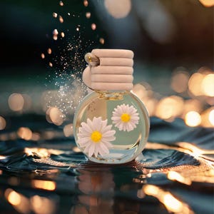 May include: A clear glass bottle with a white lid and two white daisy flowers inside. The bottle is sitting on a dark blue surface with a blurry background of golden lights.