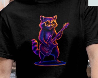Camiseta de mapache estrella de rock, regalo de panda de basura neón, para él, para ella, camiseta para amantes de los mapaches, regalo de guitarrista, ropa de banda única, camiseta de fiesta,
