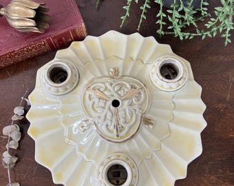 Vintage Art Deco Ceiling Light Fixture Base 3 Socket Porcelain Floral Design
