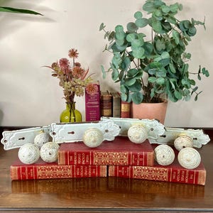 May include: Antique white door knobs and matching backplates are displayed on red books. The knobs have a detailed, textured design. Decorative elements include a vase of flowers and a potted plant.