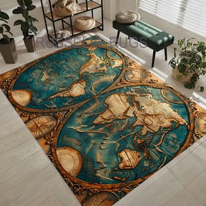 Tapis carte du vieux monde, tapis à motif carte du monde, tapis sur le thème de la carte, tapis carte du monde, tapis carte, tapis boussole, décor géographie, tapis marron bleu, tapis doux