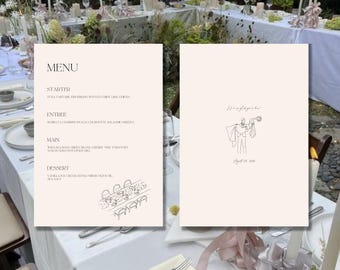 Plantilla de menú de boda moderno: Ilustraciones dibujadas a mano (Descarga digital)