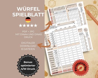 Dice game score sheet classic German, template for game night, game pad A4 PDF digital download, dice result list, Yatzy score