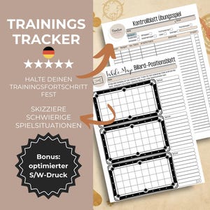 May include: A training tracker with the text "TRAININGS TRACKER" and German flag graphic. The image includes a "Table Map Billard-Positionsblatt" sheet with a diagram of a pool table and a "Kontrollblatt Übungsspiel" sheet. A pen is also visible.