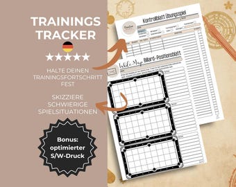 Registro di allenamento del biliardo, registro delle schede di allenamento, download digitale, modelli di gioco posizionale per il biliardo, fogli di allenamento e punteggi