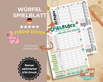 Scoreformulier voor het zomerse dobbelspel (Duits), sjabloon voor het Yahzee-dobbelspel op het strand voor een spelletjesavond, scoreblok A4 PDF digitale download