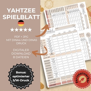 May include: A digital Yahtzee score sheet with the German text "YAHTZEE SPIELBLATT". The sheet is light beige with a grid layout for scoring. The image includes the German flag and text indicating a digital download.