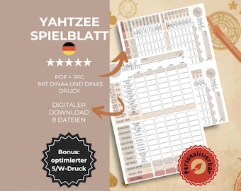 Yahtzee score sheet German, Yahzee dice game template for game night, game pad DinA4 PDF digital download, Kniffel score list, Yatzy
