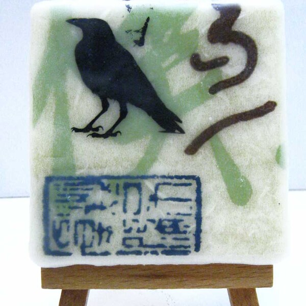 Beeswax Encaustic Asian Collage Crow Mini Painting