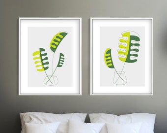 Green Wall Art Print Set of 2, Mid Century Style Wall Art for Dinning Room or Bedroom, Abstract Botanical Art