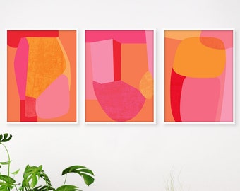 Pink and Orange Wall Art, Preppy 3 Piece Print Set, Mid Century Modern Style Abstracts, Oversized Available