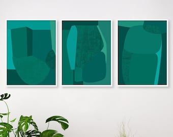 Emerald Green Wall Art, Maximalist Decor 3 Piece Print Set for Living Room