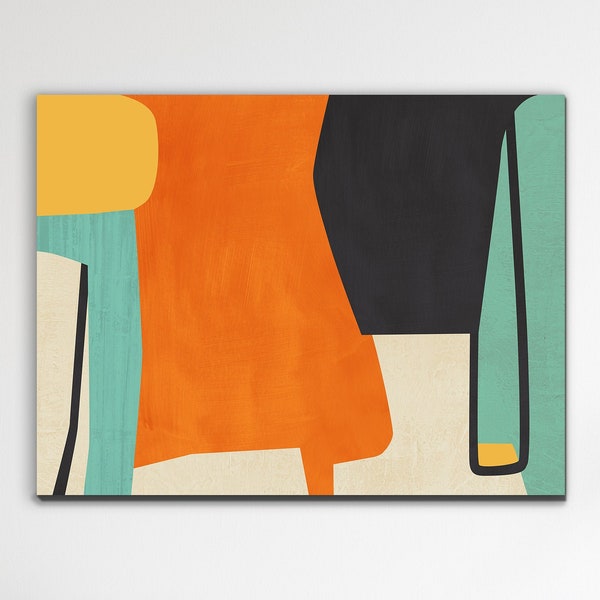 Mid Century Modern Abstract Canvas Wall Art, Extra Large Colorful Painting, Teal and Orange, Large Sizes Available