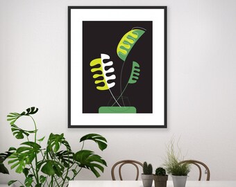 Art Deco Art Print, Hollywood Regency Art, 1940s Tropical Leaves Wall Art, Modern Kitchen or Dining Room Decor, Framed Available