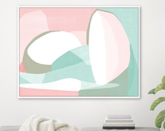 Danish Pastel Pink and Teal Print of Abstract Painting, Mid Century Modern Wall Art, Oversize Wall Art in Canvas and Paper Prints