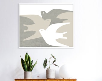 Japandi Art Print of Birds in Pastel Earth Tones, Neutral Color Decor for Minimalist or MCM Homes