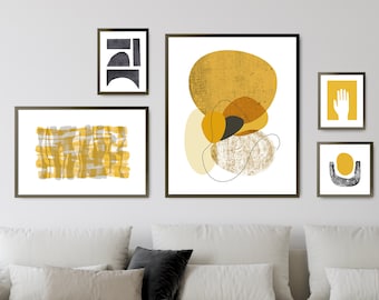 Printed Gallery Wall Print Set of 5, Mid Century Modern Style Print Set, Ochre Gallery Wall Set, Large Wall art (unframed)