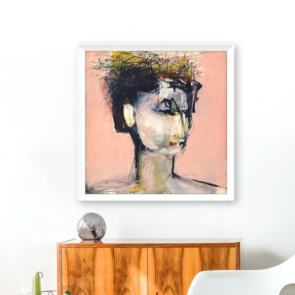 Portrait Art Print, Pink Contemporary Art, Abstract Painting, Woman Art, Large Printed Wall Art