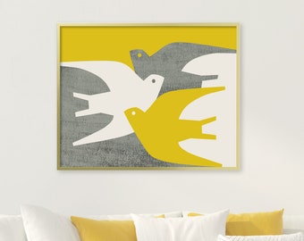 Mid Century Modern Birds Print, Whimsical Art Print, Custom Color Available