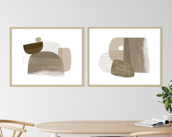 Japandi Wall Art 2 Piece Set in Earth Tones, Works Well With Mid Century Modern Decor in the Living Room or Above the Bed