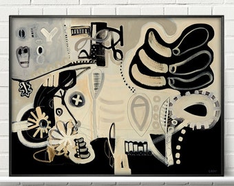 Art mural moderne encadré, Impression de peinture abstraite en noir et blanc, Art contemporain, Non encadré Disponible