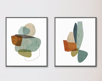 Mid Century Modern Abstract Art Prints, Set of 2, Living Room Wall Decor