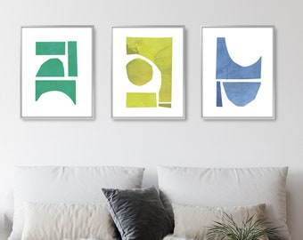 3 Piece Wall Art, Extra Large Art with a Mid Century Modern Feel, Abstract Geometric in Blue - Green