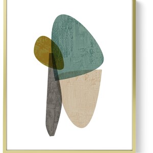 Puede incluir: Impresi&oacute;n de arte abstracto con formas superpuestas en tonos de verde azulado, marr&oacute;n y beige. Las formas son org&aacute;nicas y fluidas, creando una est&eacute;tica moderna y minimalista.