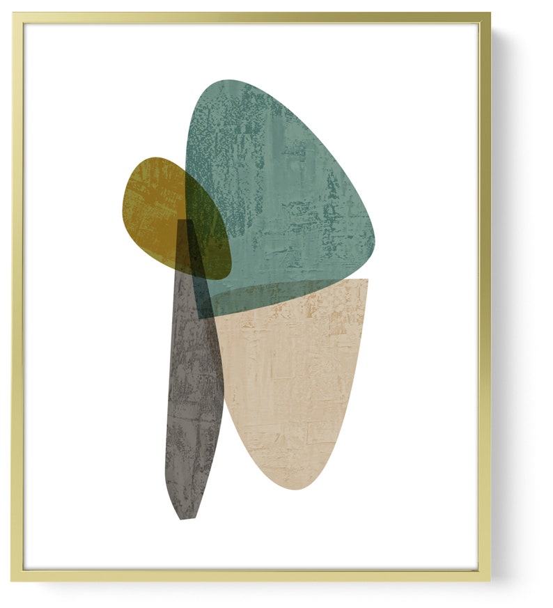 Puede incluir: Impresi&oacute;n de arte abstracto con formas superpuestas en tonos de verde azulado, marr&oacute;n y beige. Las formas son org&aacute;nicas y fluidas, creando una est&eacute;tica moderna y minimalista.