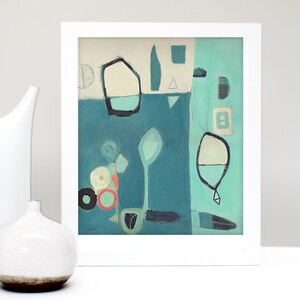 May include: Abstract painting with geometric shapes in shades of blue, green, white, and black. The painting is framed in white and has a white mat.
