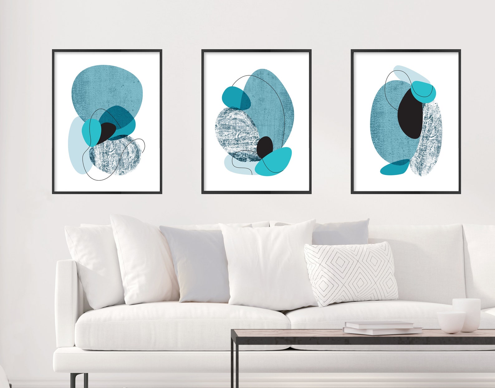 Teal Living Room Decor Mid Century Modern Art Printed Set of - Etsy
