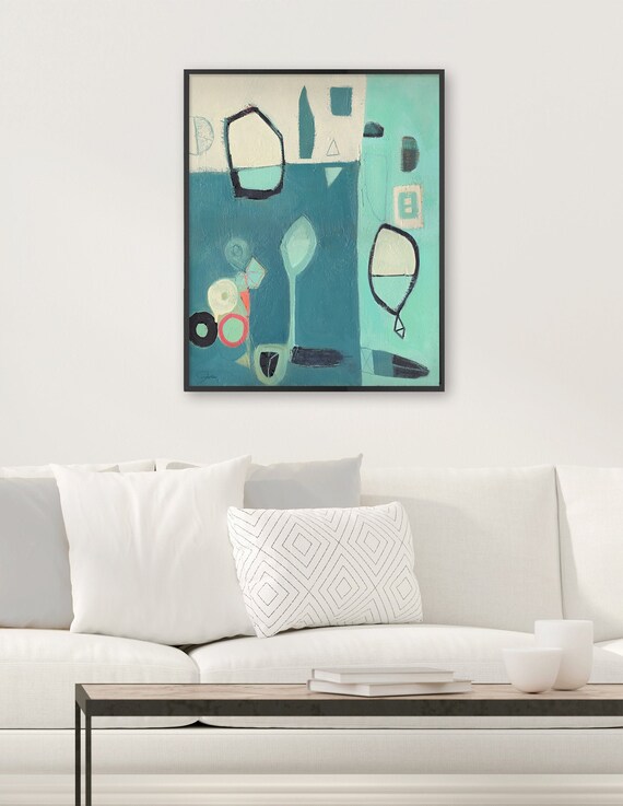 Framed Teal Abstract Art, Modern Painting Print, Mid Century Wall Decor, Statement Print, Unframed Available