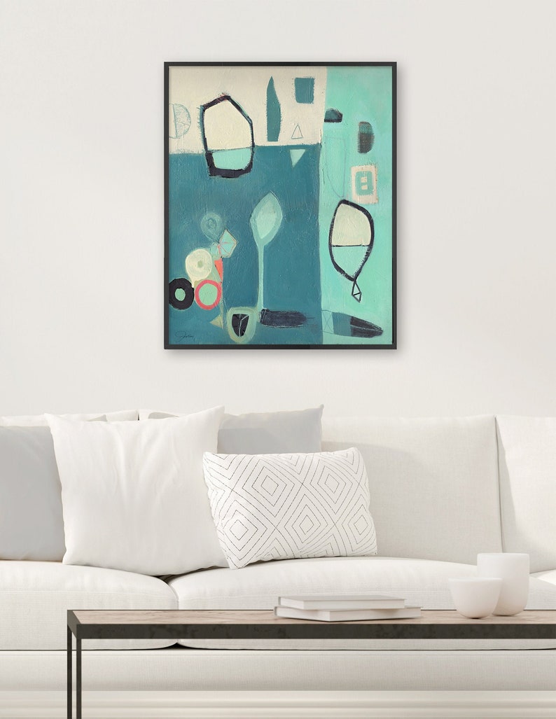 Teal Abstract Art Print, Framed Modern Wall Decor image 1