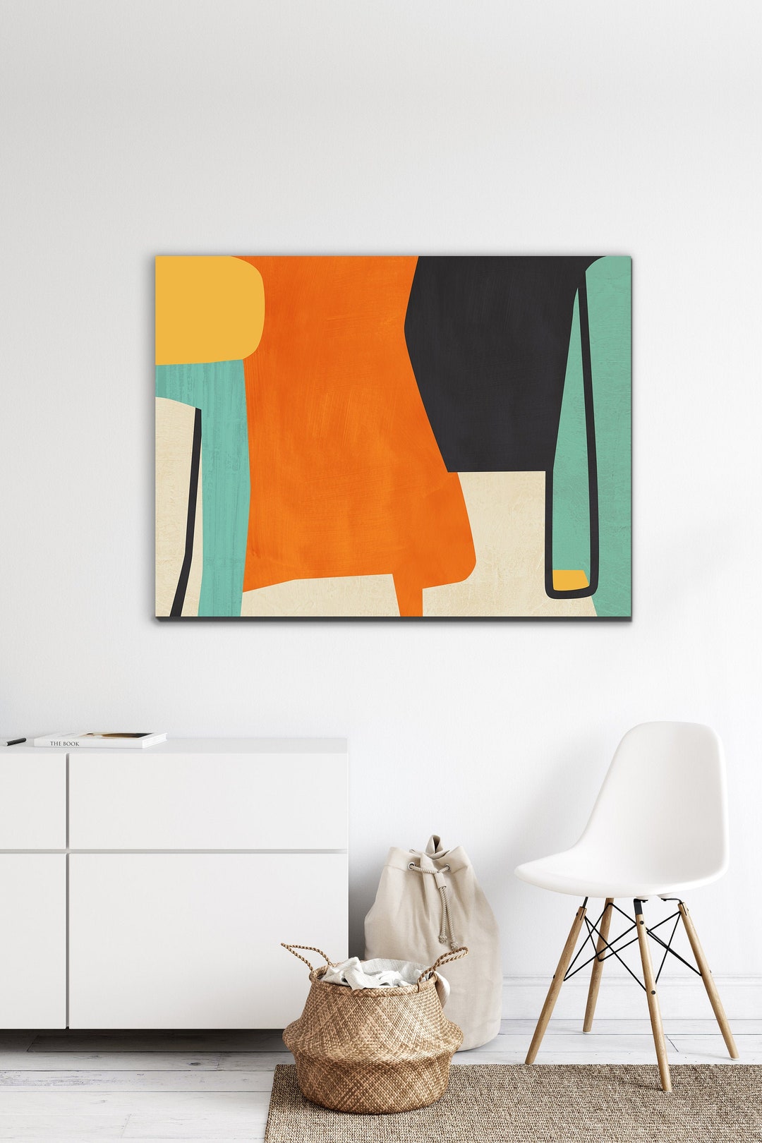 Mid Century Modern Abstract Canvas Wall Art, Extra Large Colorful Painting, Teal and Orange ...