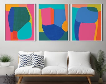 Jewel Tone Colorful Canvas Art Set of 3, Large Abstract Canvas Wall Art, Oversized Modern Art, No Frame Needed