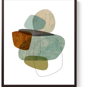 May include: Abstract art print featuring overlapping shapes in shades of brown, green, blue, and beige. The shapes are organic and resemble pebbles or stones.