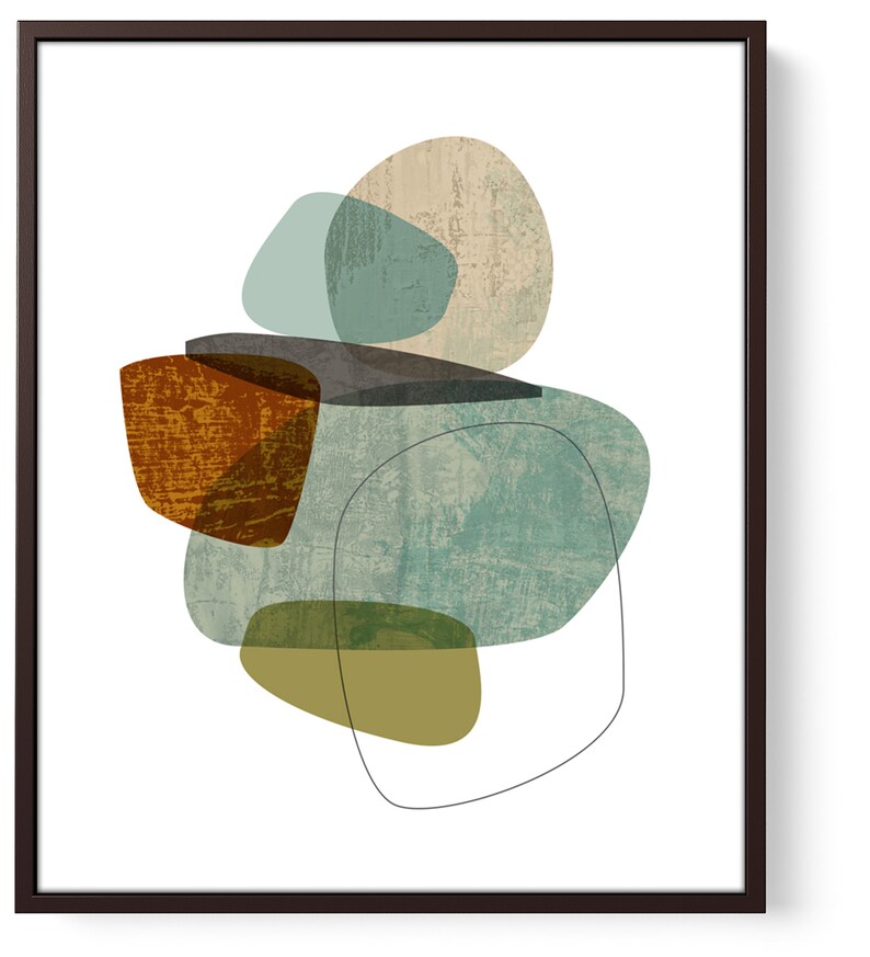 May include: Abstract art print featuring overlapping shapes in shades of brown, green, blue, and beige. The shapes are organic and resemble pebbles or stones.